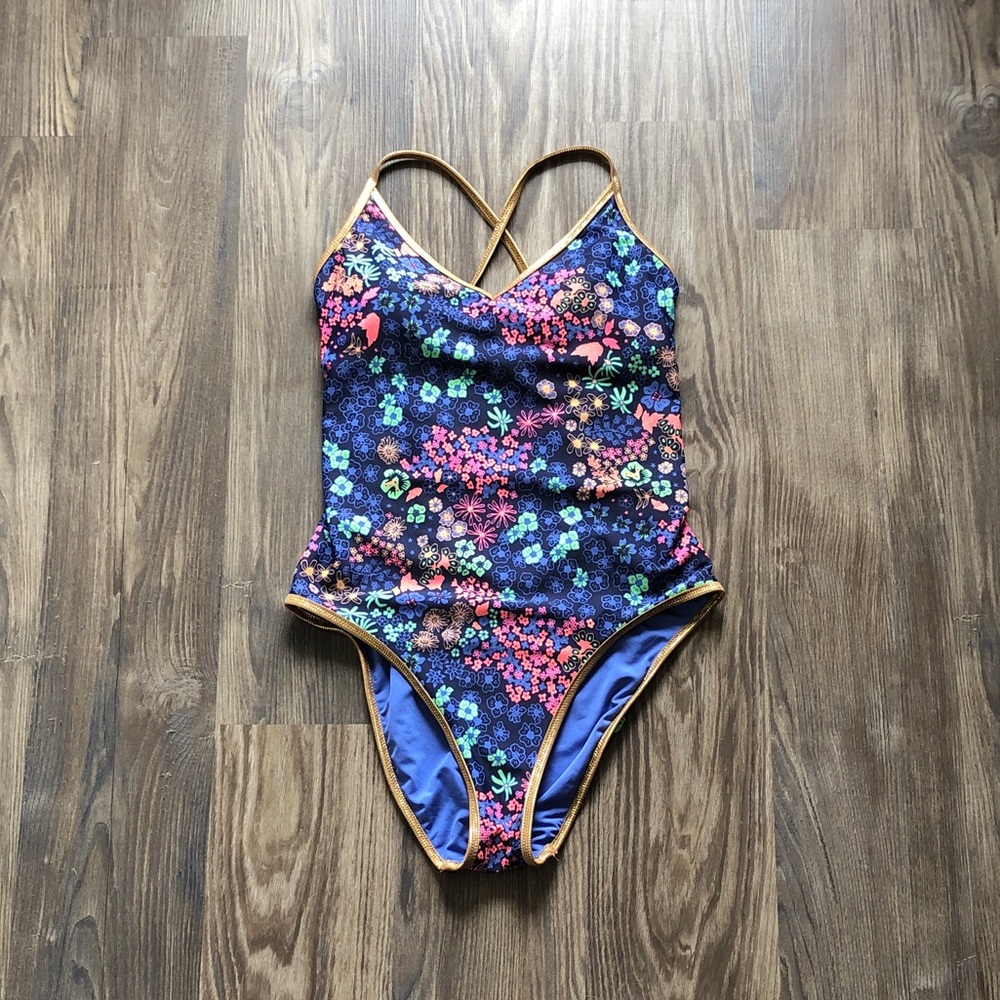 Aerie Blue Floral Strappy Back One Piece Swimsuit Full Coverage Medium